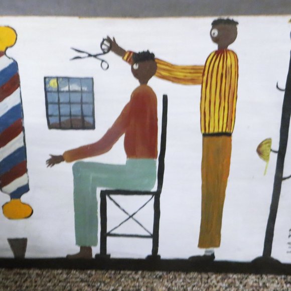 Unique African American Pop Artist TB "Haircut" Painted On wood Panel 23 x 17"